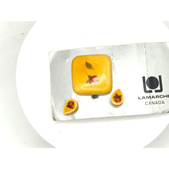 NOS Lamarche Canada Brooch & Earrings Set Ceramic Rose Hand Painted VTG - Picture 2 of 5